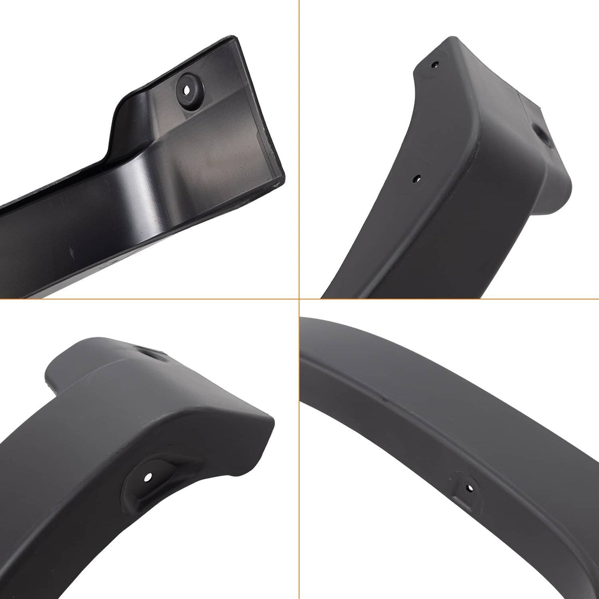Close-up of black fender flare edges with mounting holes and textured surface