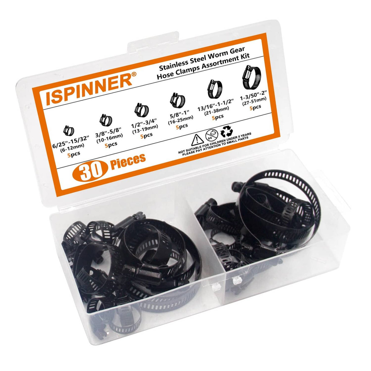 ISPINNER 30-piece black worm gear hose clamp kit in clear plastic case