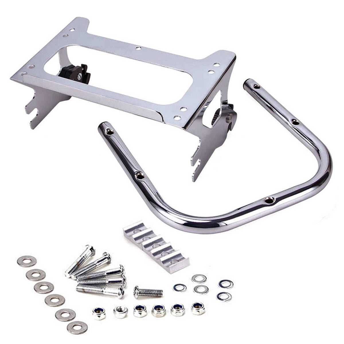 Chrome luggage rack bracket with U-shaped backrest bar and included installation hardware