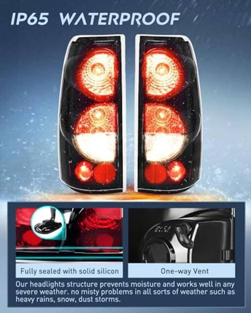 Smoked taillight assembly close-up with red and amber lamp sections in black housing
