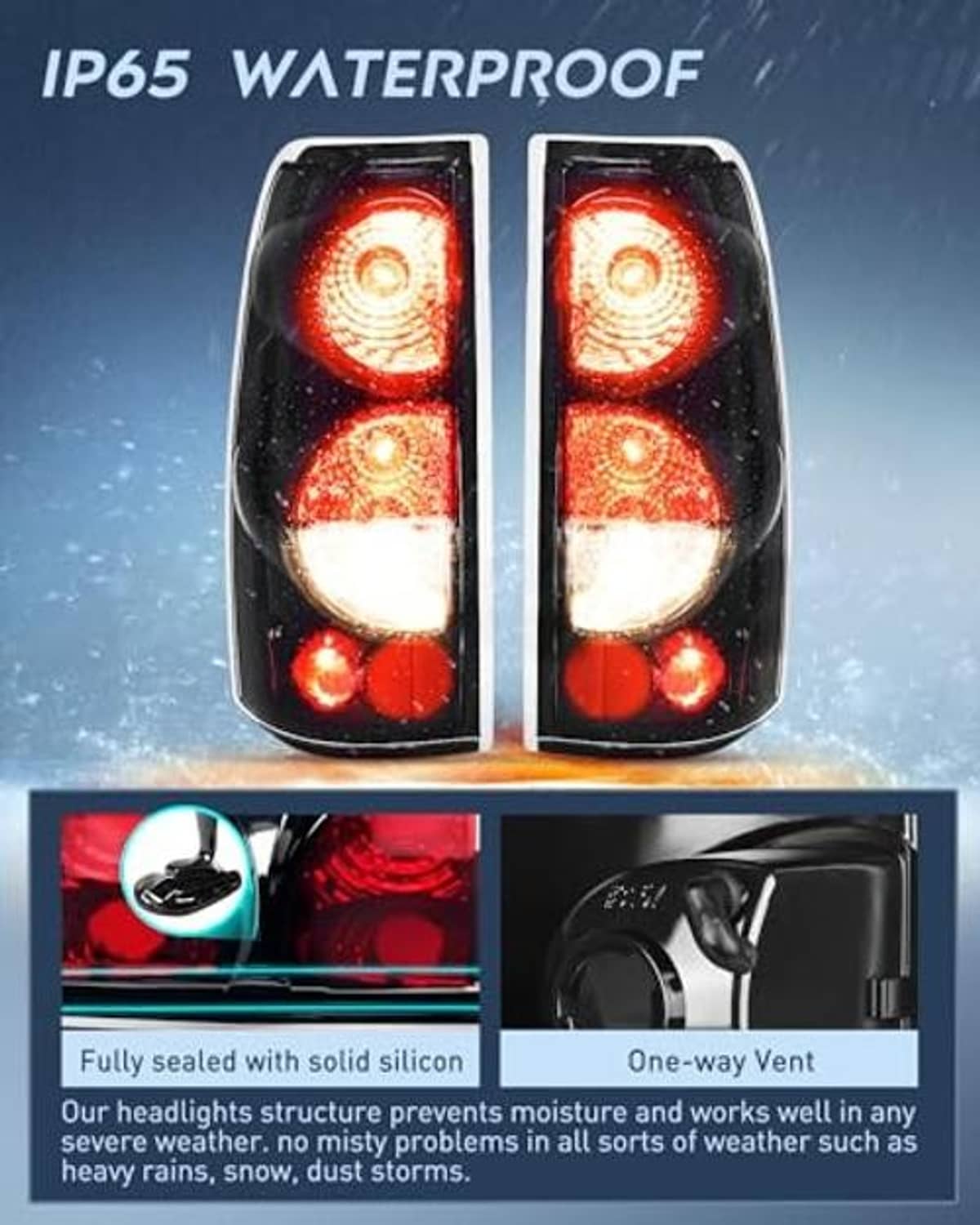 Smoked taillight assembly close-up with red and amber lamp sections in black housing