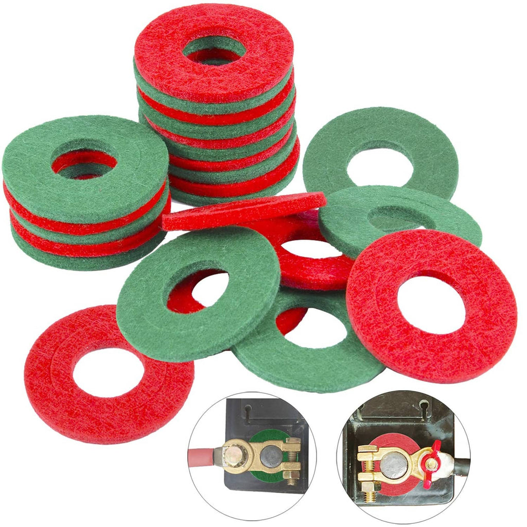Set of red and green battery terminal anti-corrosion washers with center holes.