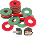 Set of red and green battery terminal anti-corrosion washers with center holes.