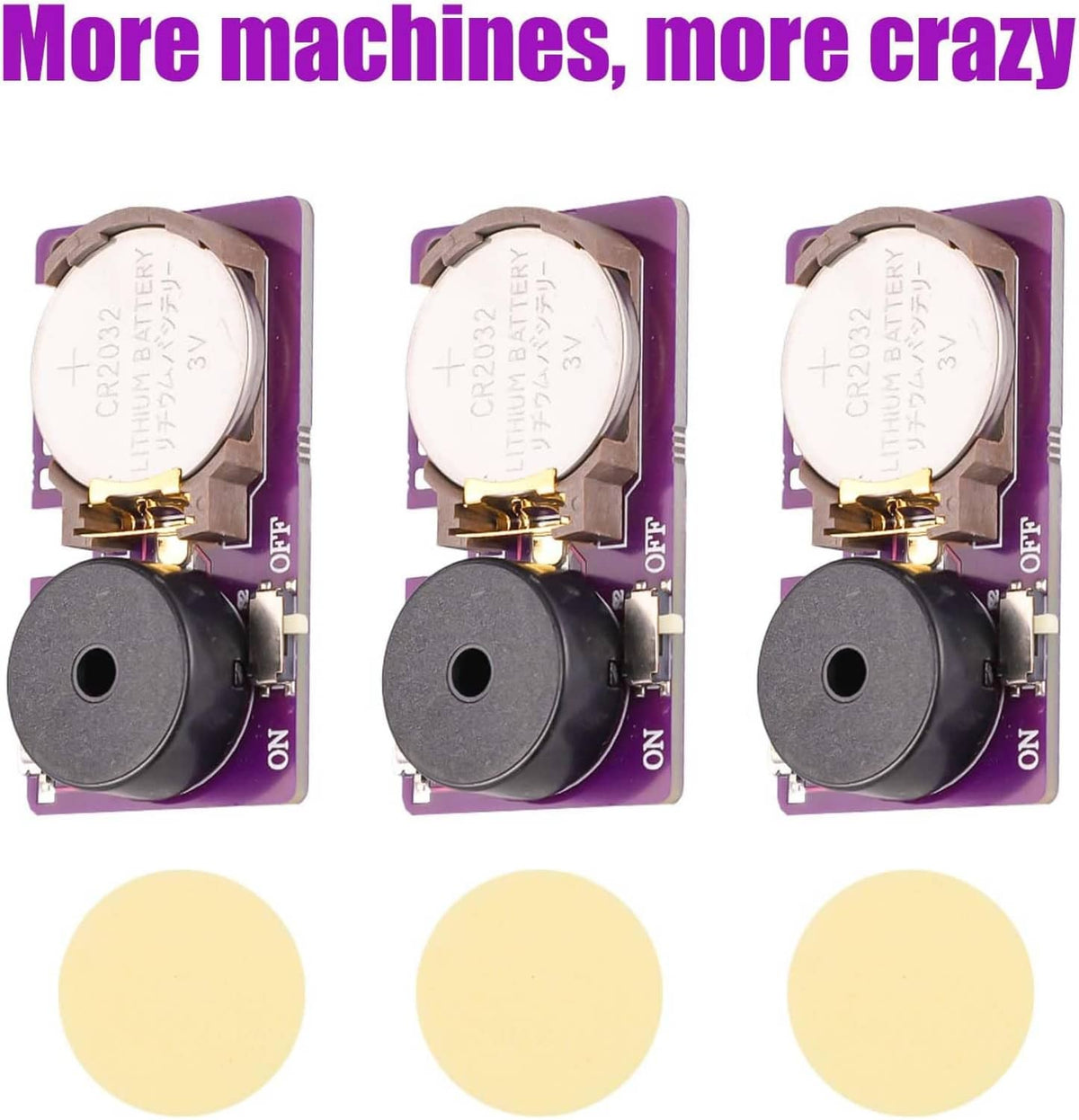 Three-pack prank noise machines, each with circular speaker and ON/OFF switch in packaging