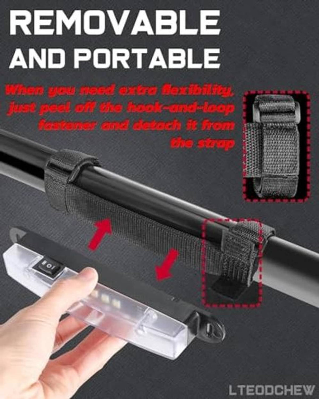 Removable roll-bar LED light with black strap, clear lens, and on-off switch