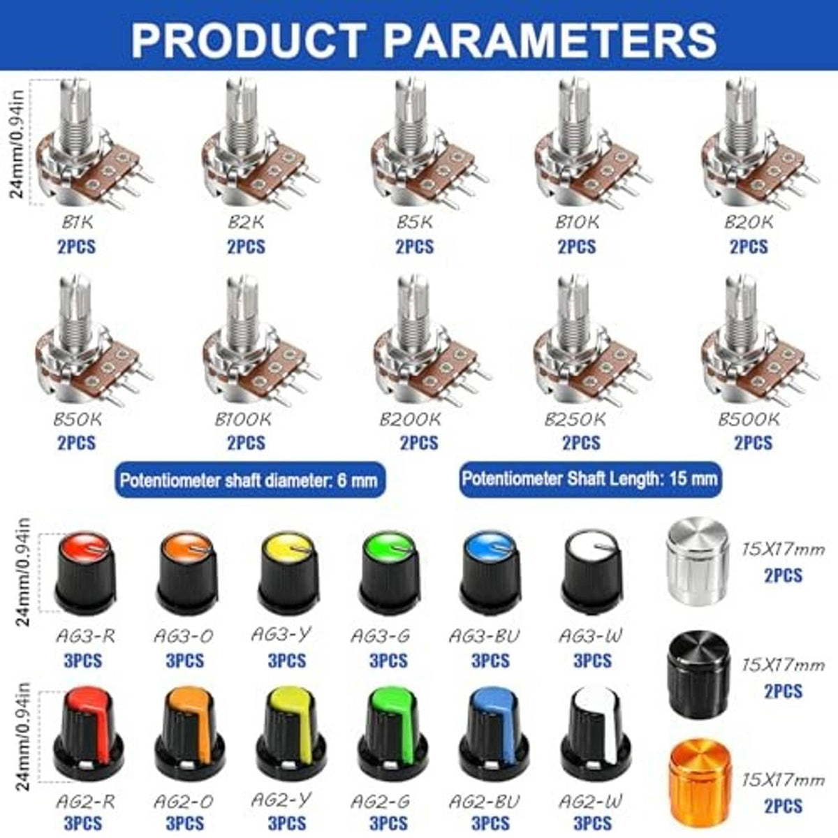 Assorted potentiometers with colored rotary knob caps arranged by size on a chart