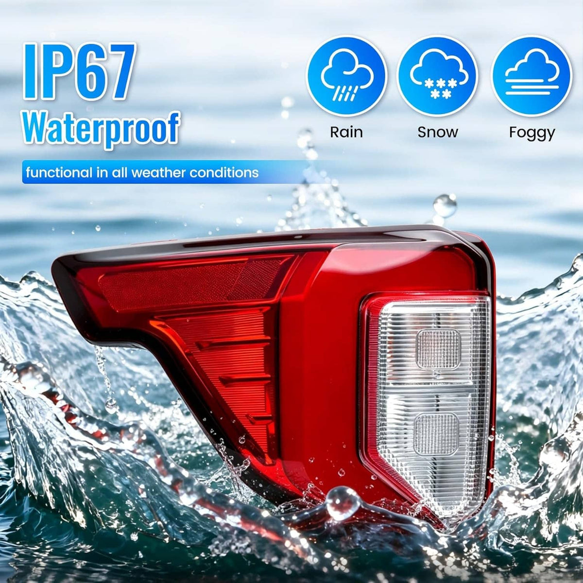 Red left rear tail light with clear lens, shown against wet splash background