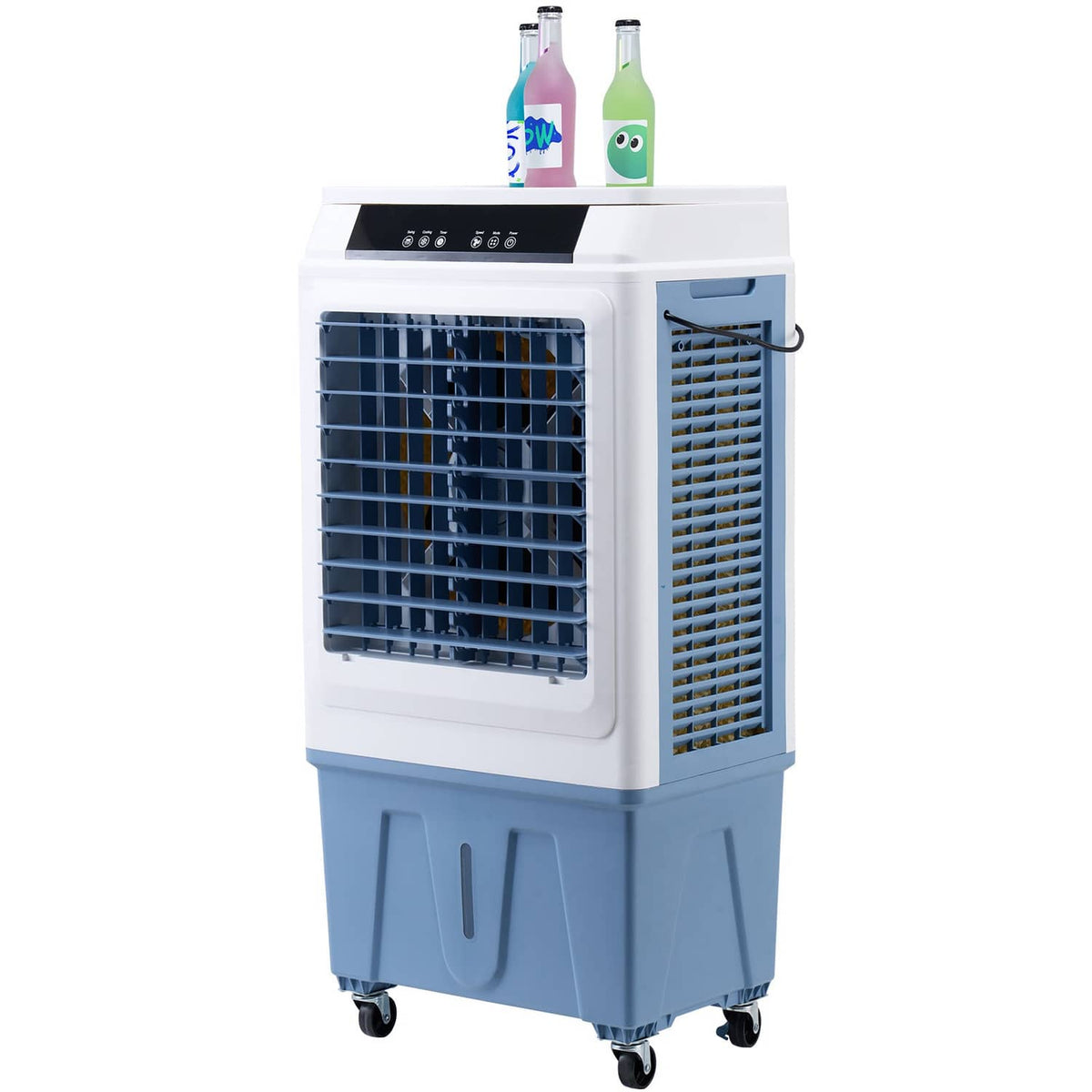 Evaporative cooler with front vent and side water pad section, mounted on caster wheels