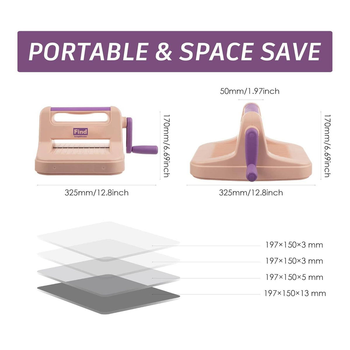 Portable die-cut and embossing machine, beige base with purple side handle