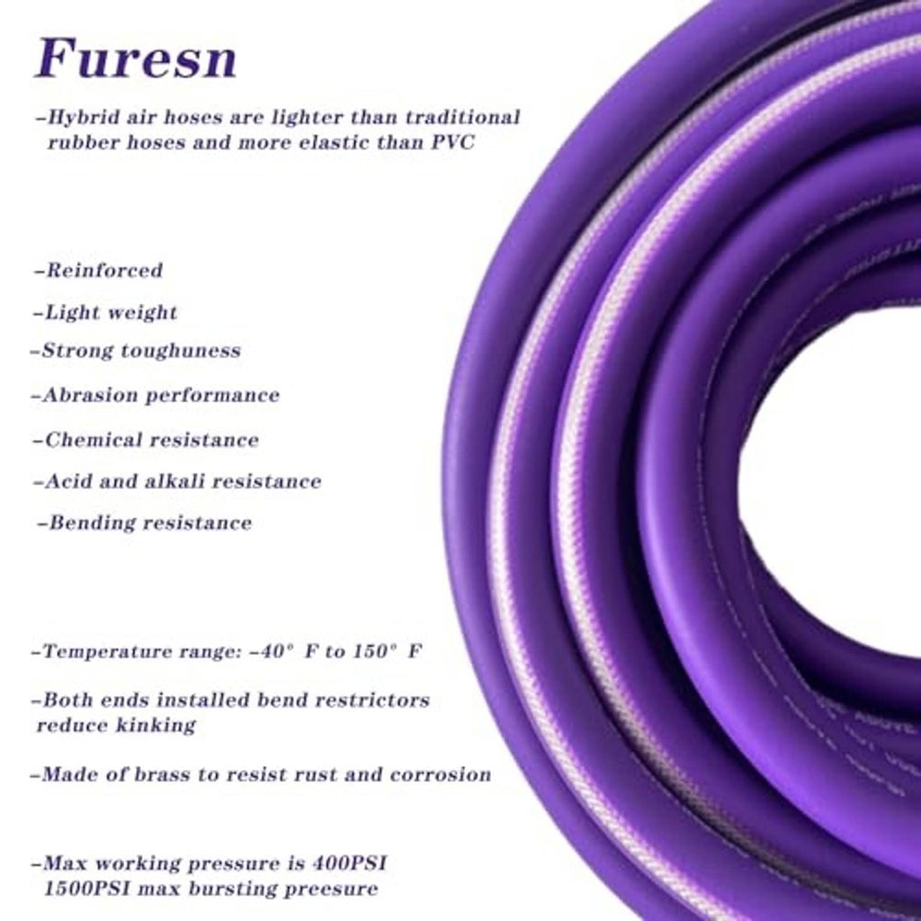 Close-up of purple hybrid air hose coils with reinforced inner line and black outer strip