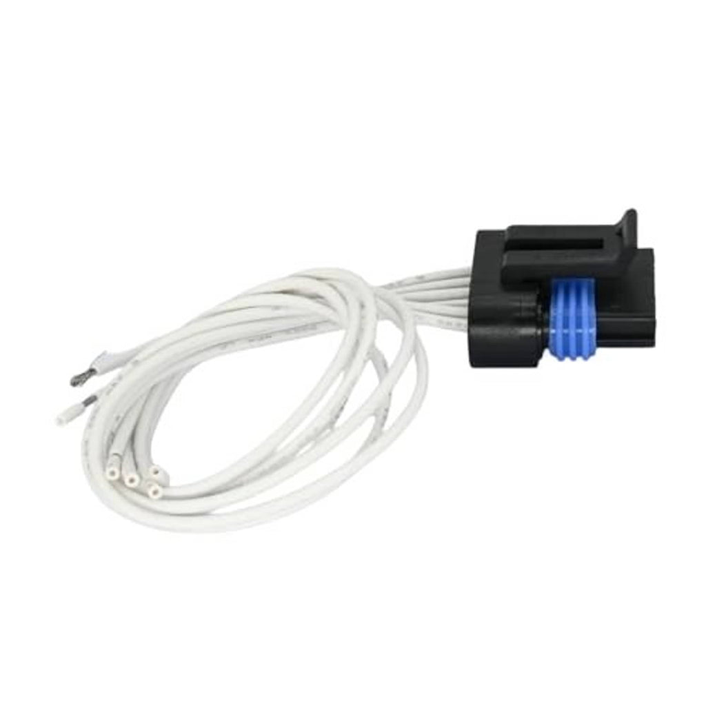 Wiring harness pigtail plug with black connector housing, blue insert, and white wire leads
