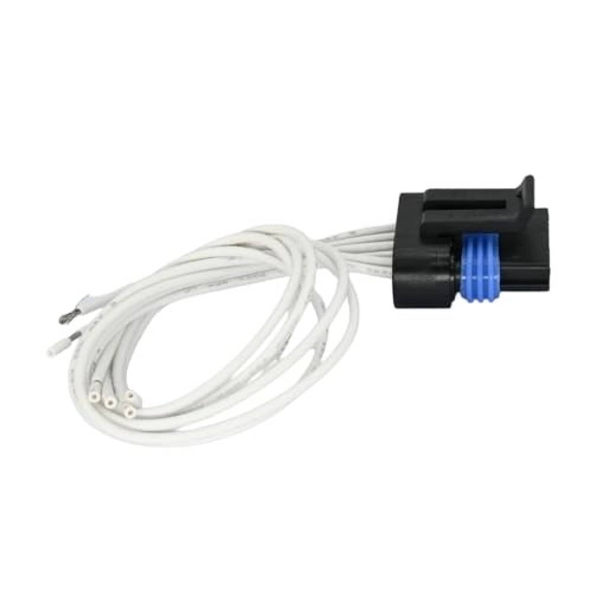 Wiring harness pigtail plug with black connector housing, blue insert, and white wire leads