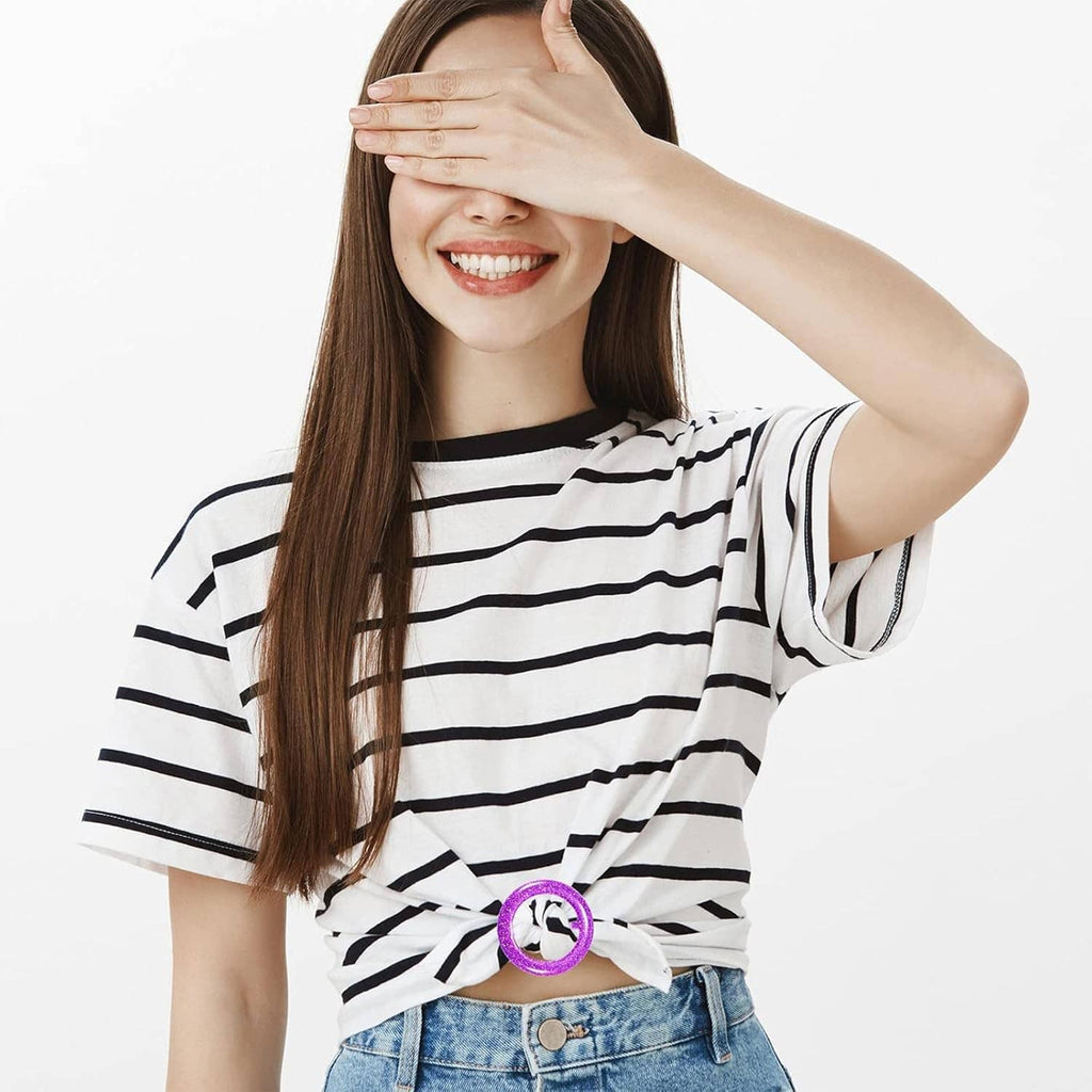 Purple glitter scarf ring clip on striped shirt, holding hair in place