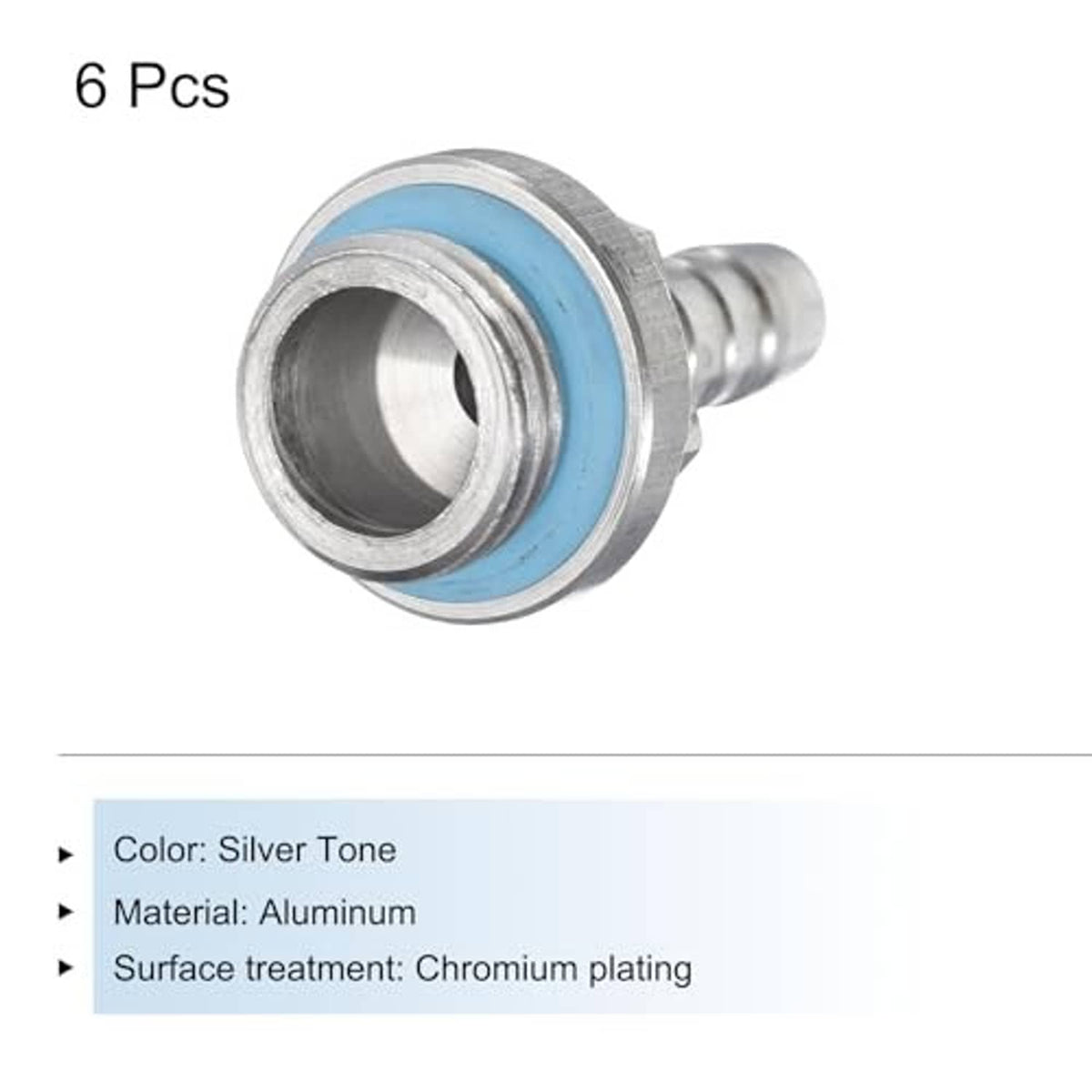 Barbed pipe fitting adapter, silver metal finish and blue sealing ring