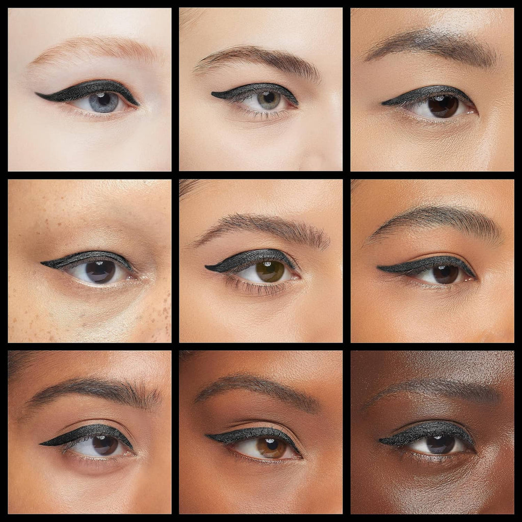 Black gel eyeliner swatches on eyelids in multiple winged styles