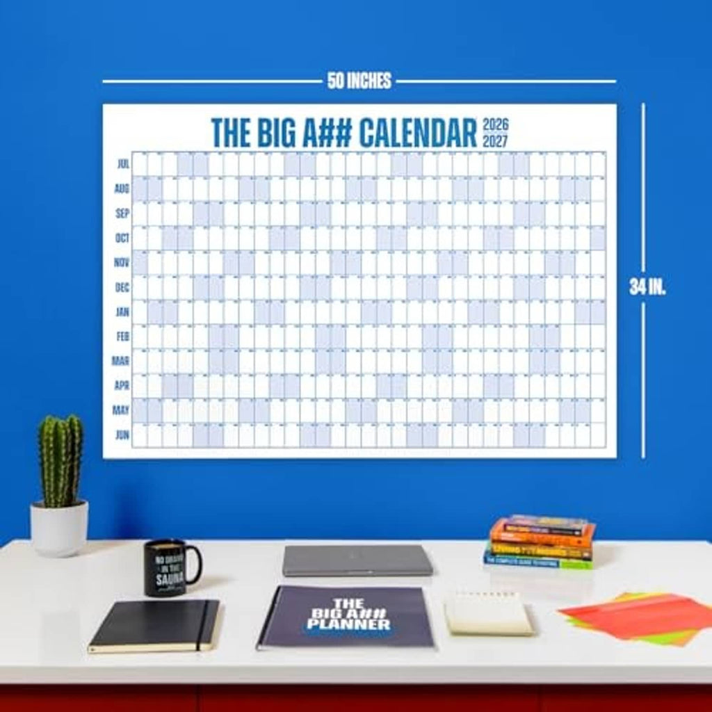 Dry-erase wall calendar with full-year grid of date boxes and colorful blocks, size shown