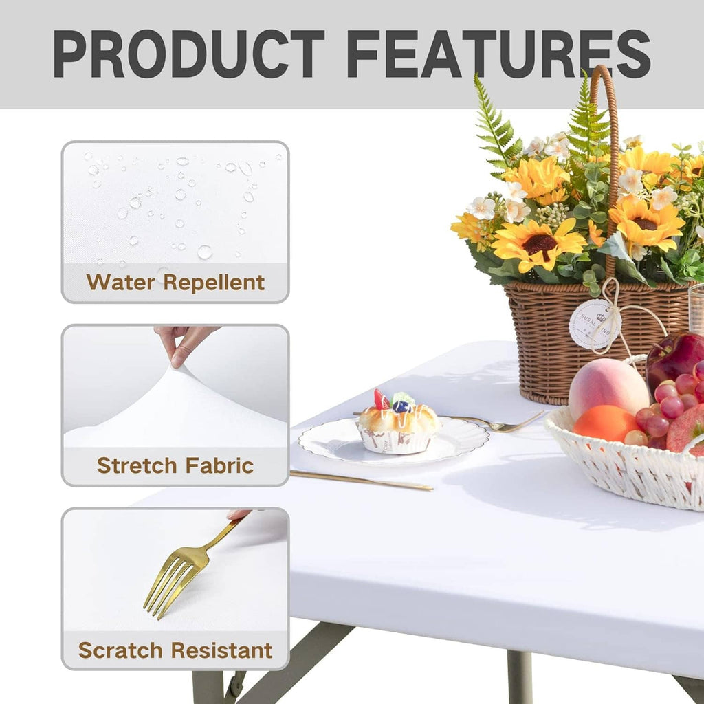 White stretch table cover with water-repellent droplet look and elastic fabric