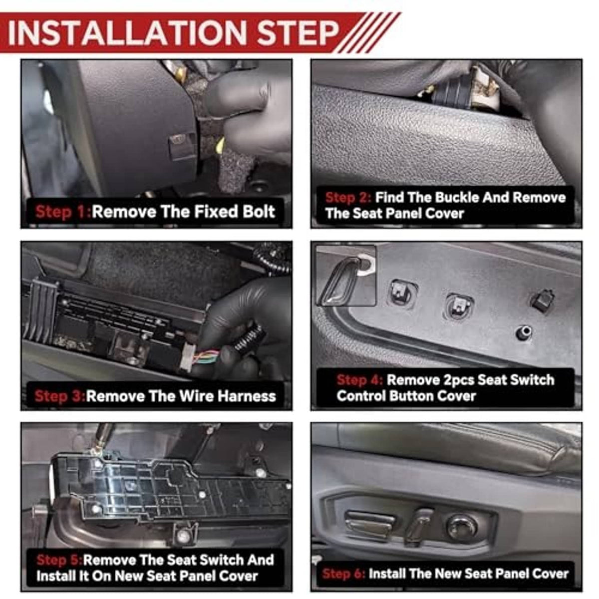 Black seat trim bezel cover shown during installation on vehicle seat panel