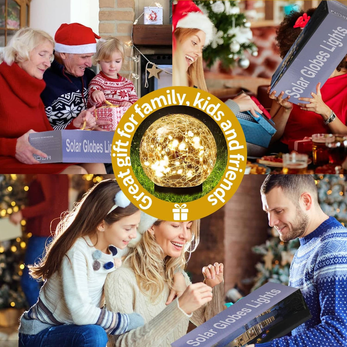 Warm-white solar glass globe light glowing on a holiday family gift package display