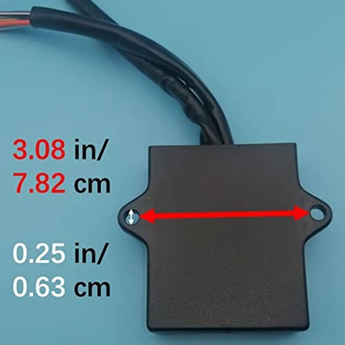 CDI ignition box module with mounting holes, labeled dimensions 3.08 x 0.25 in