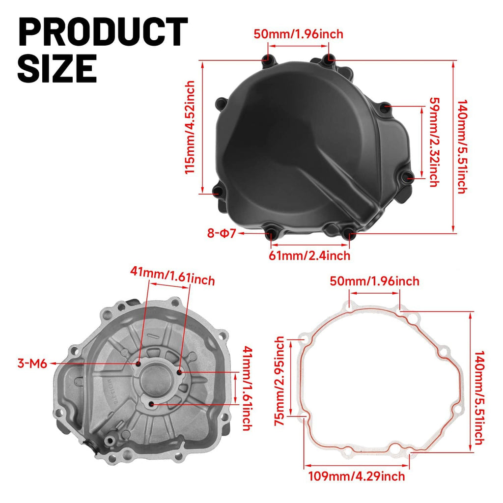 Left engine stator cover crankcase size chart with gasket outline and measurements