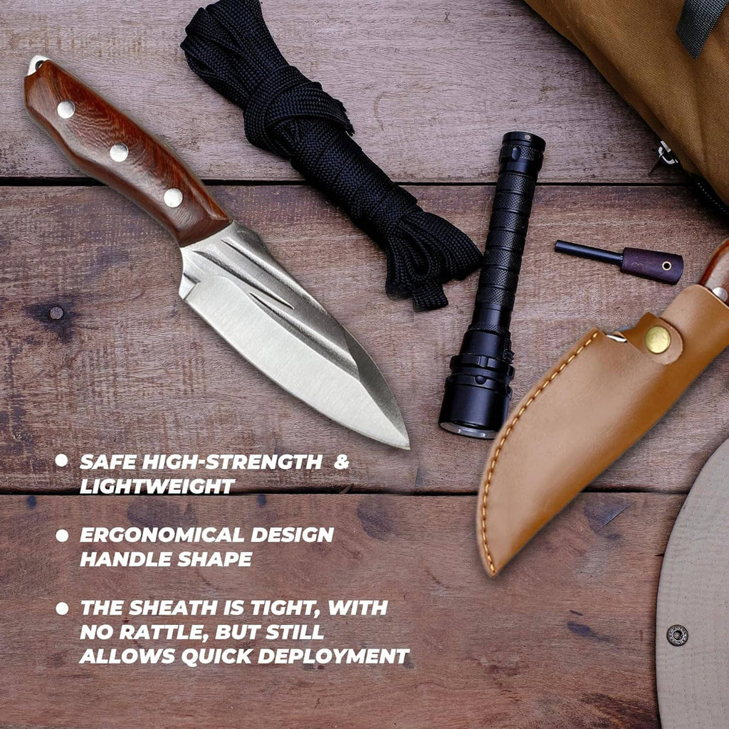 Wood-handled fixed blade knife with brown leather sheath laid on wood surface