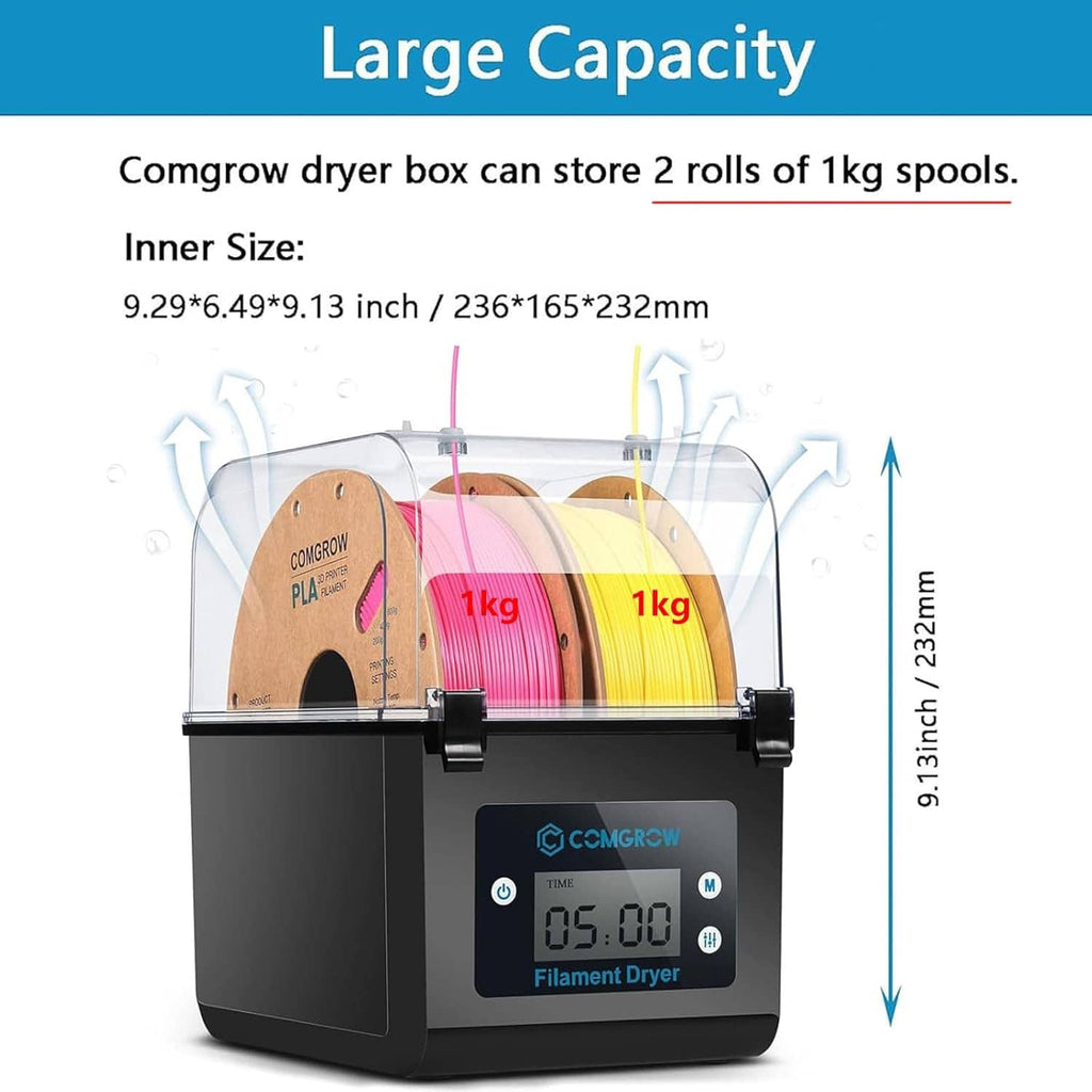 Filament dryer box with clear lid showing two 1kg spools and size measurement arrows