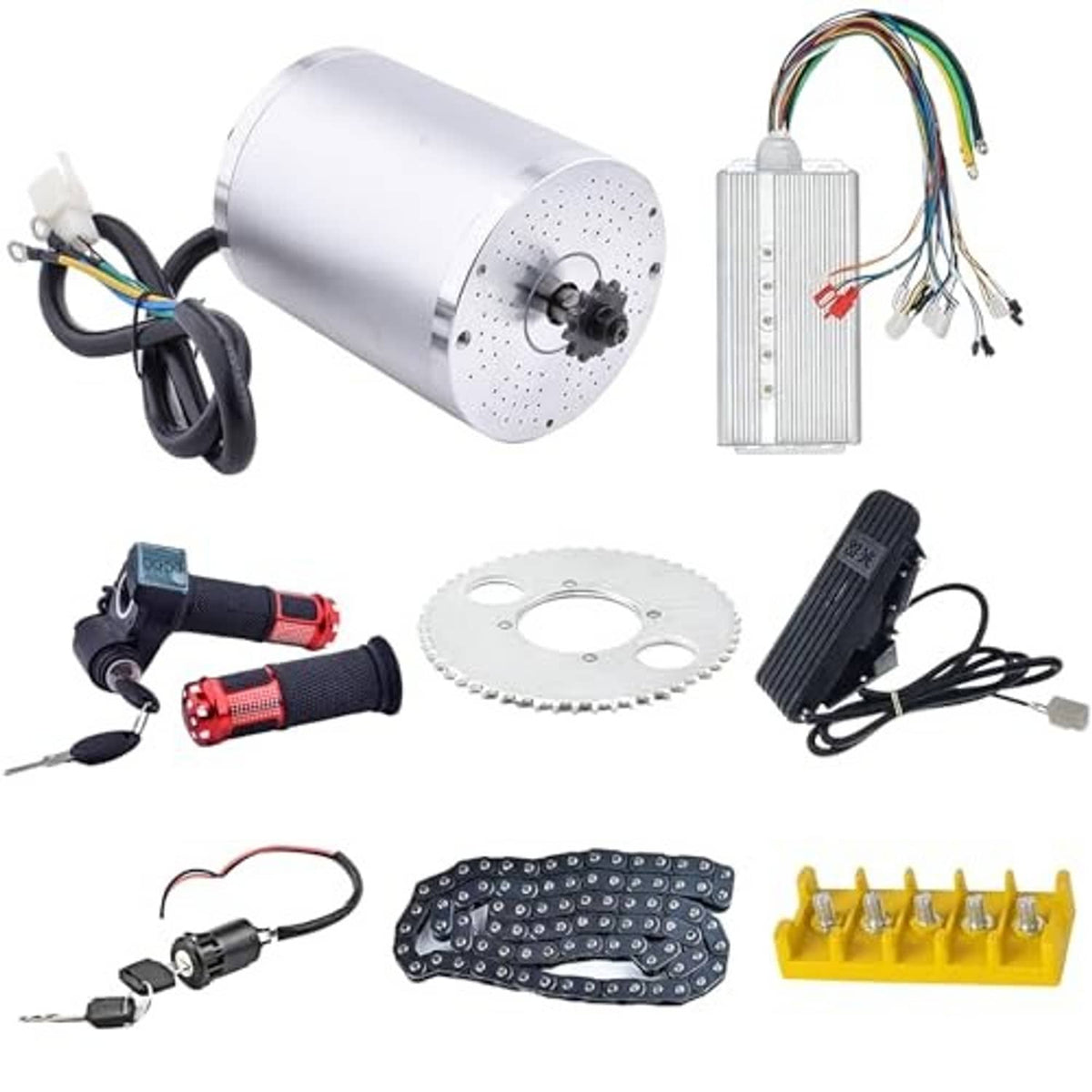 36V motor kit bundle with silver motor cylinder, controller, throttle, wiring, sprocket, chain