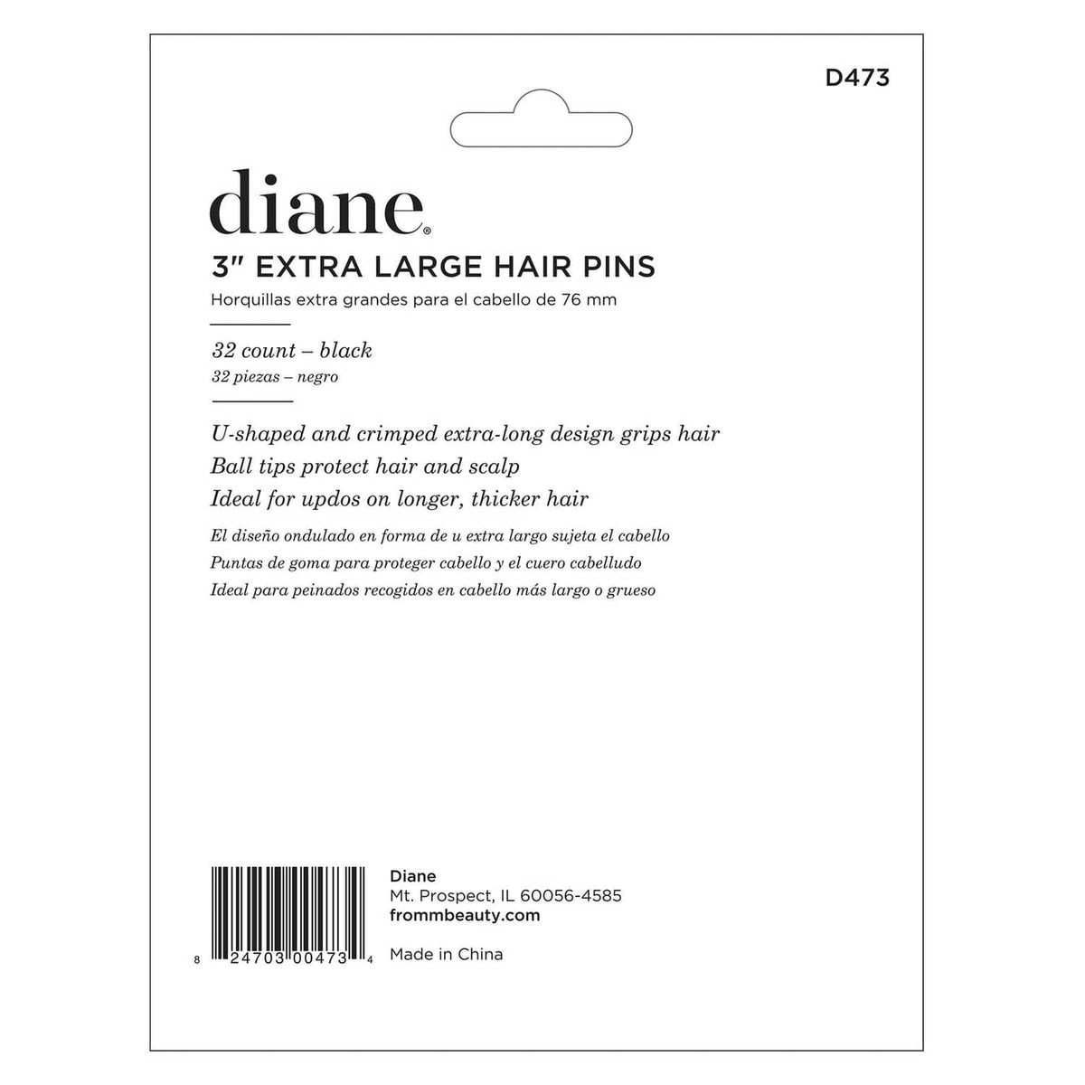 Diane D473 hair pin package back, 32-count black 3-inch extra large U-shaped pins