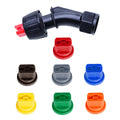 Flat fan spray nozzle set with black elbow and seven color-coded caps