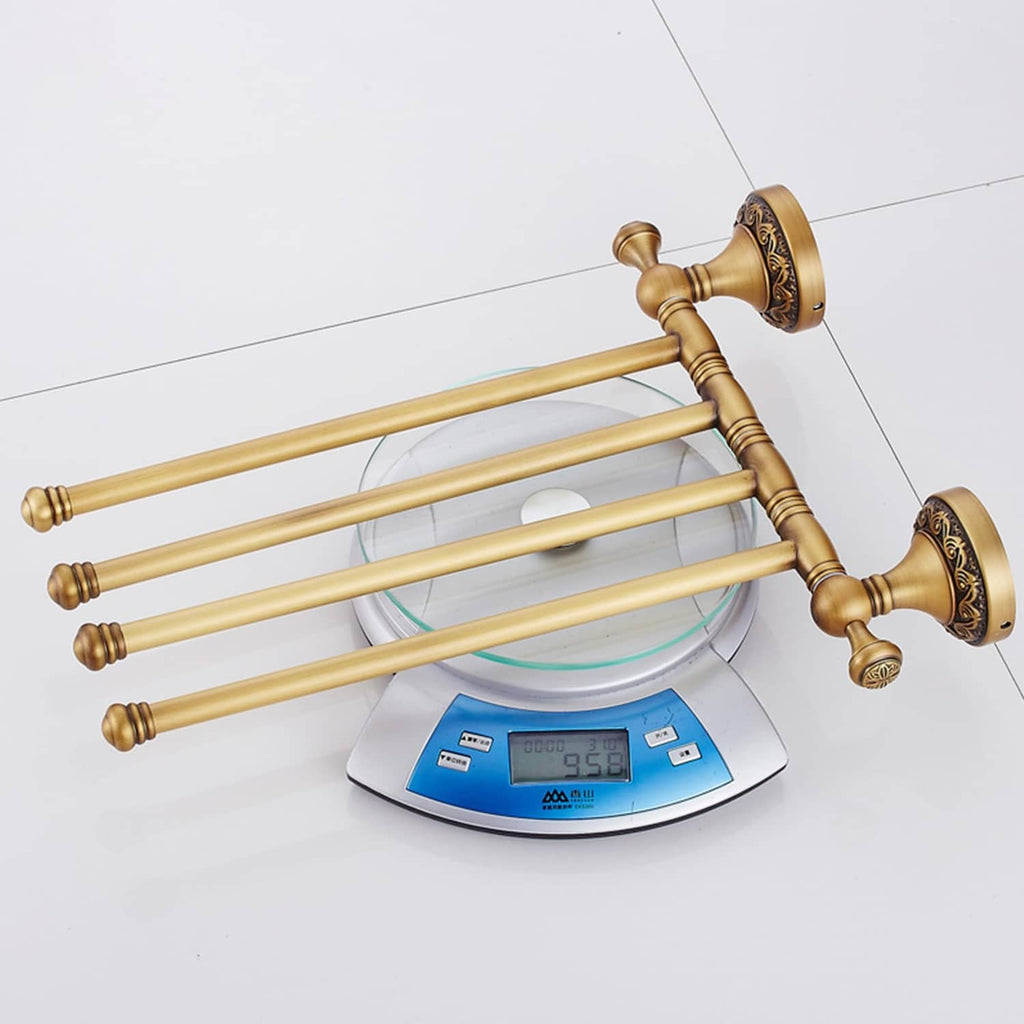 Wall-mounted 4-bar towel rack in antique bronze with decorative round wall plates.