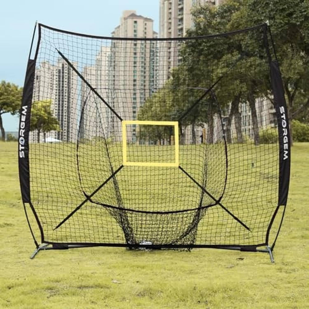 Baseball practice net with yellow strike-zone square target and black support legs
