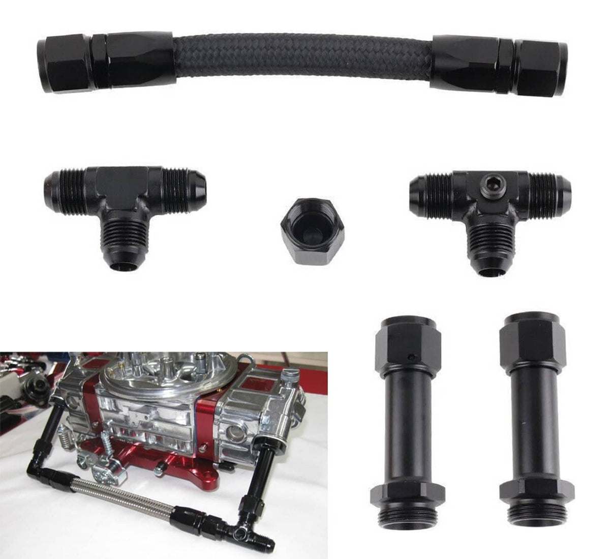 Braided fuel line kit with black AN fittings and two end adapters