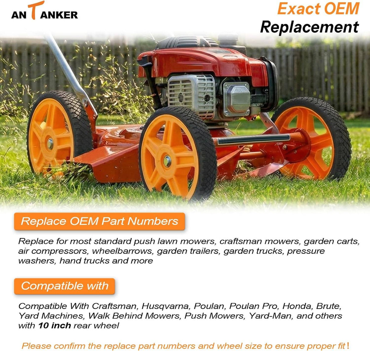 Push lawn mower with orange replacement wheels and black tires in grass