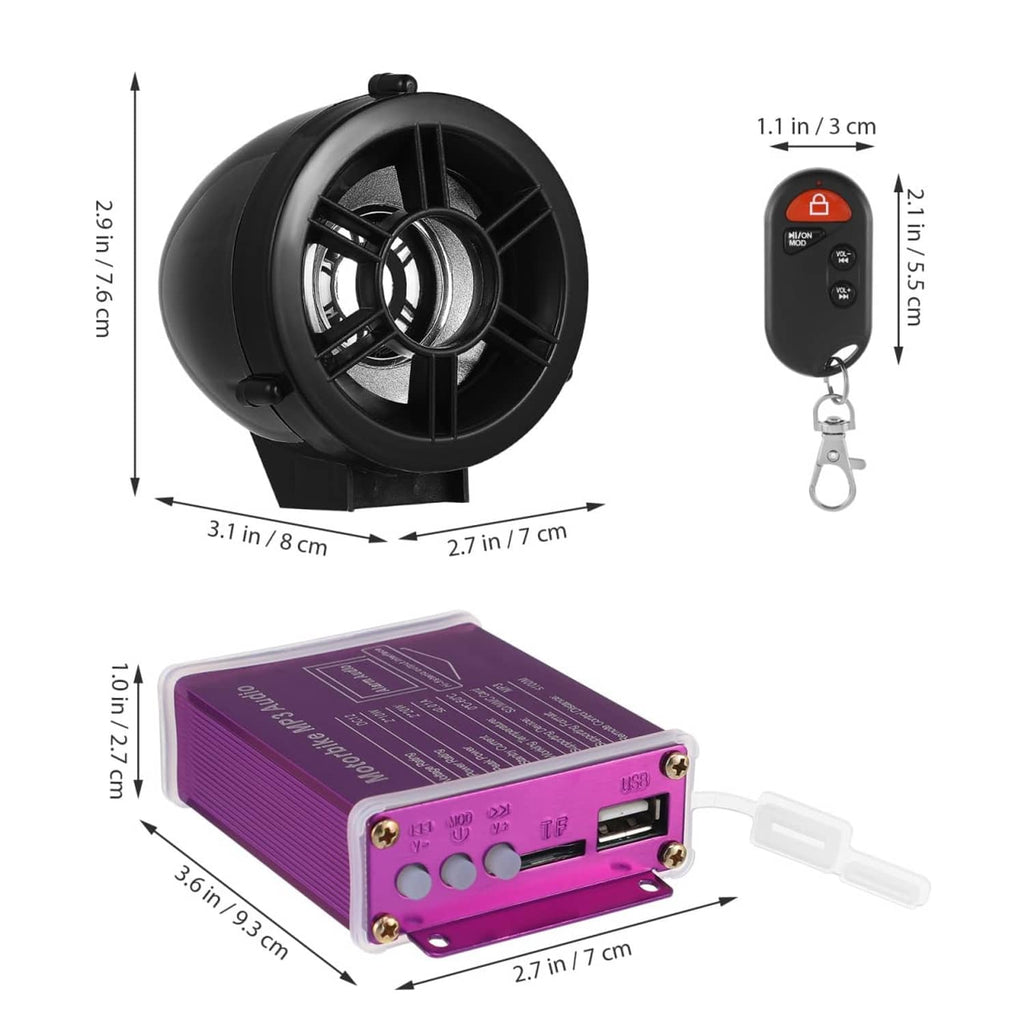 Black motorcycle speakers with purple MP3 audio controller and key fob remote