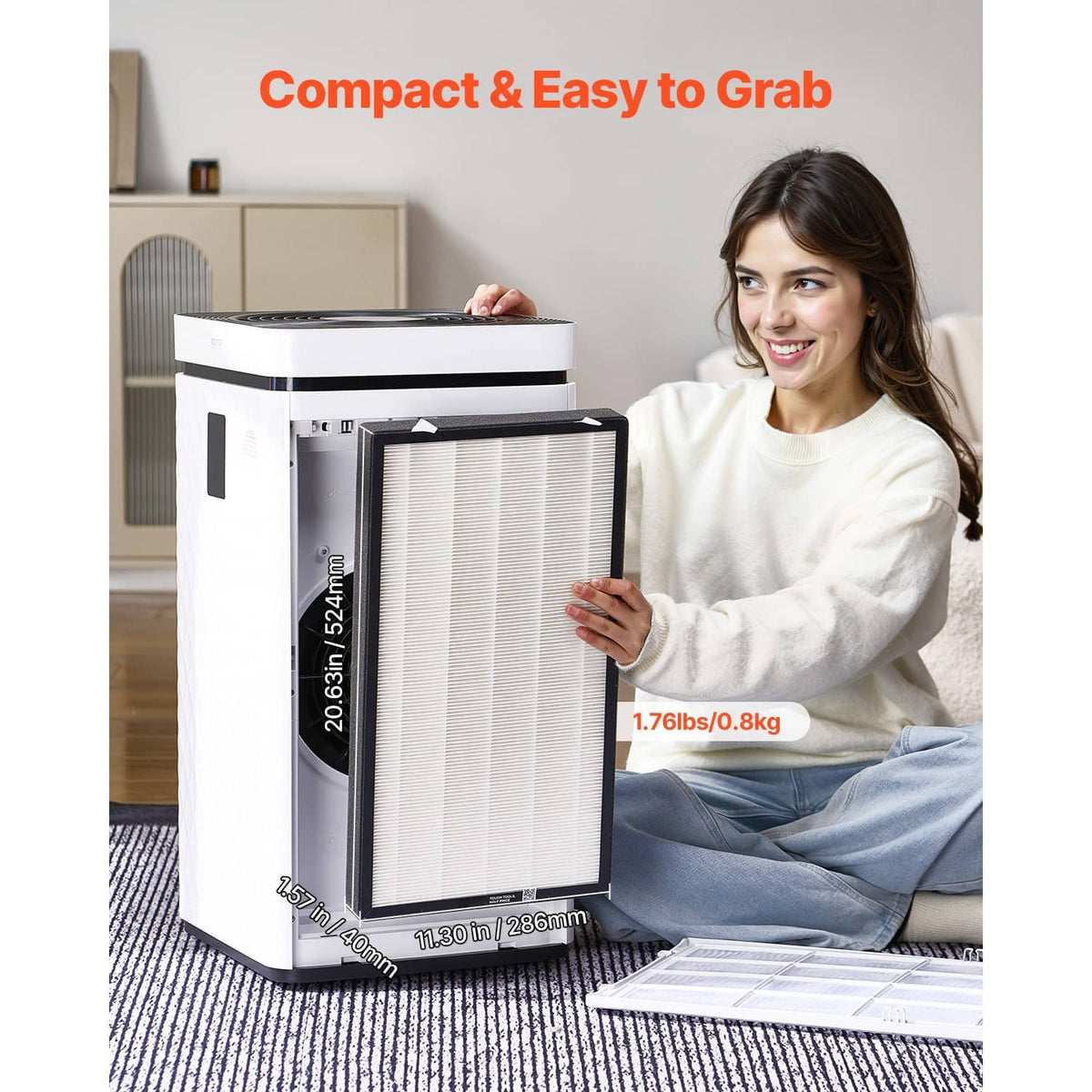 Compact air filter with pleated white media and black rectangular frame