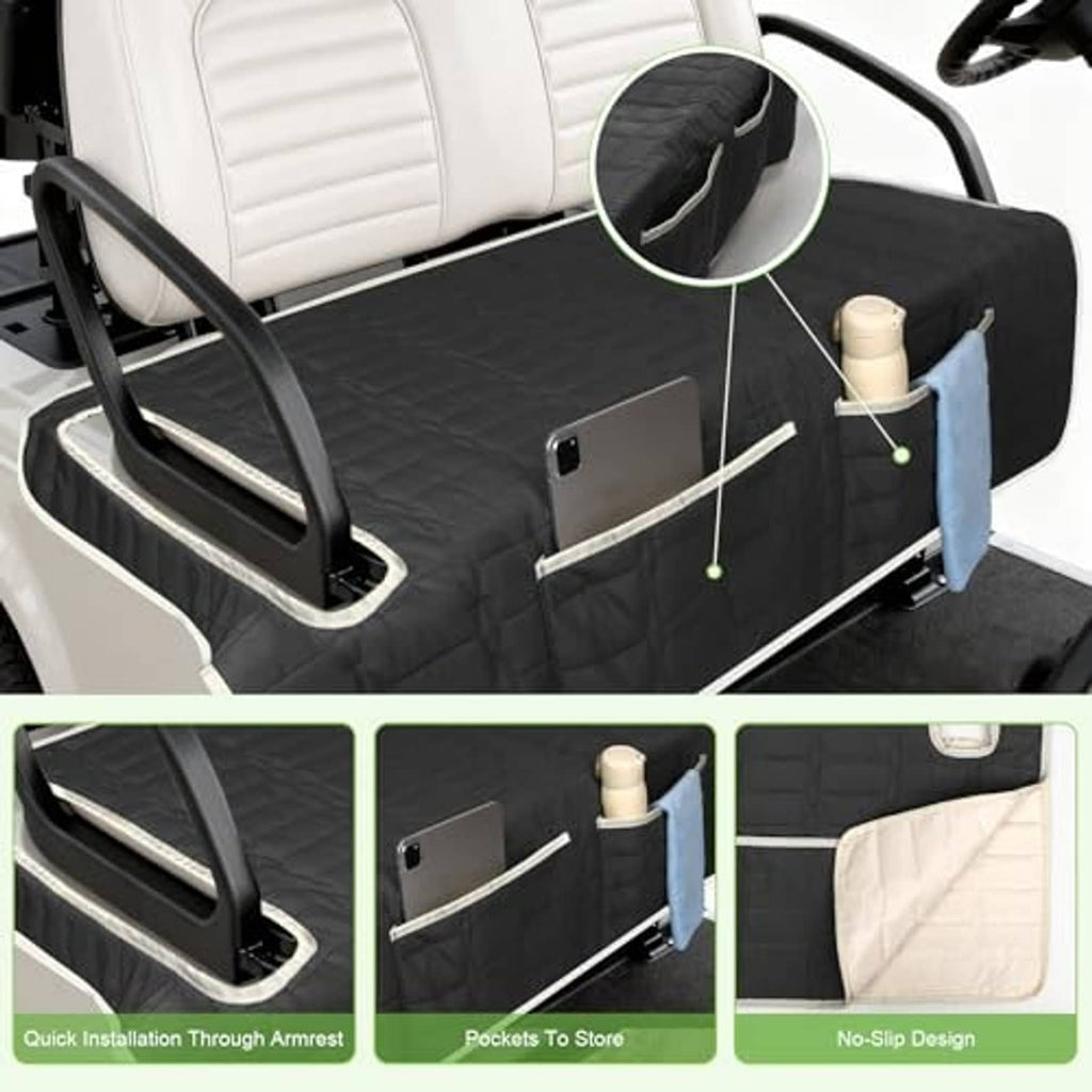 Black quilted golf cart bench seat cover with side pockets and drink holder opening.