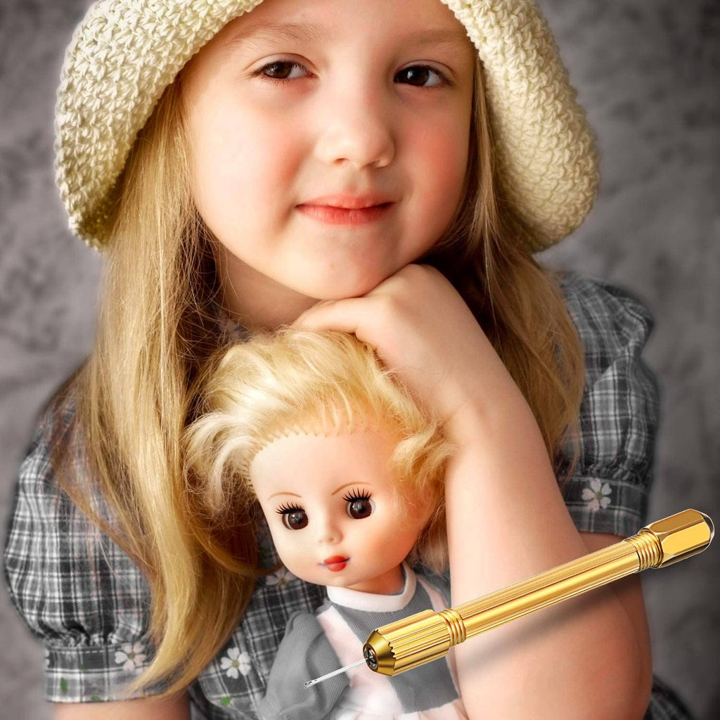 Gold doll hair rooting needle holder with handle and attached needle