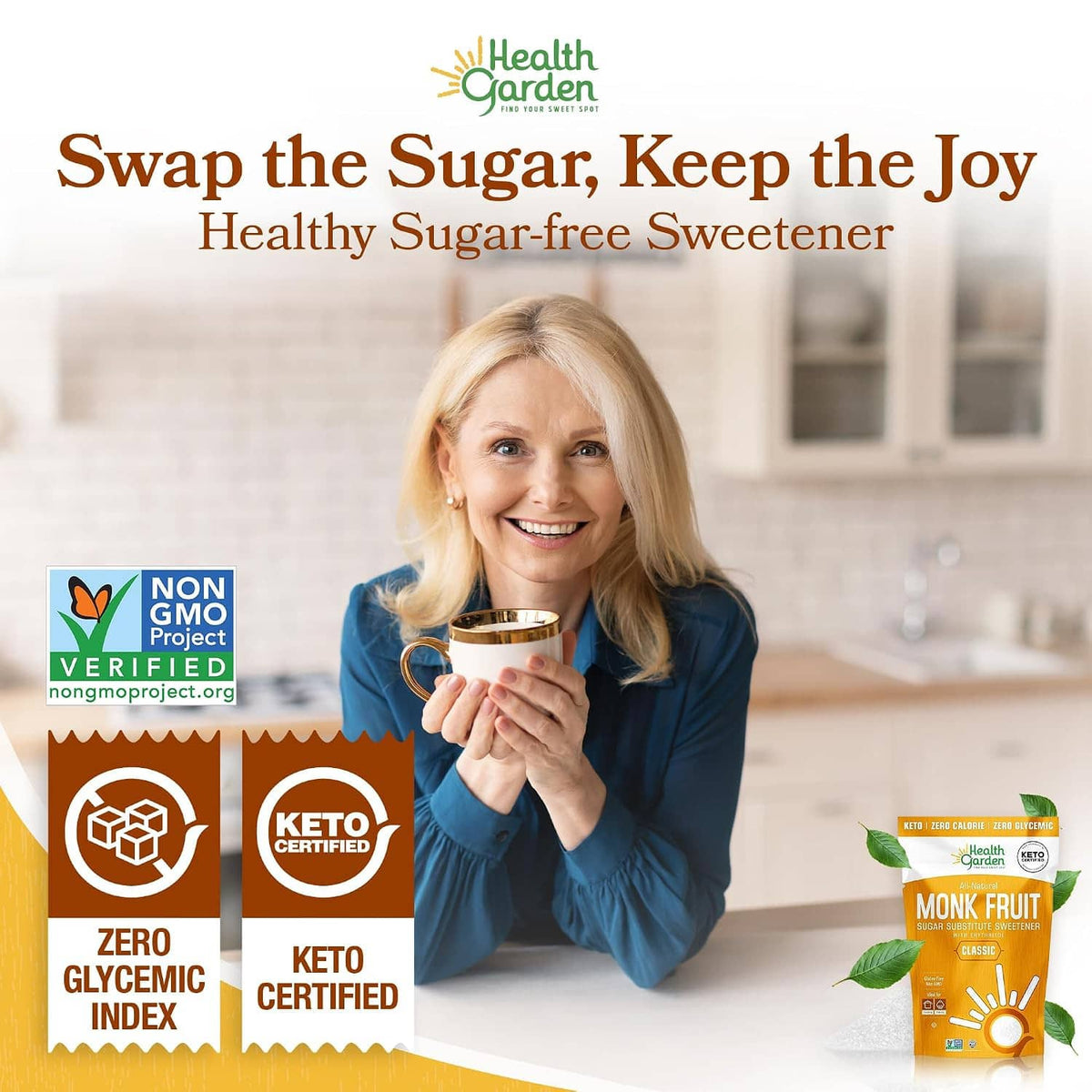 Monk Fruit sugar-free sweetener bag held near a smiling woman holding a mug