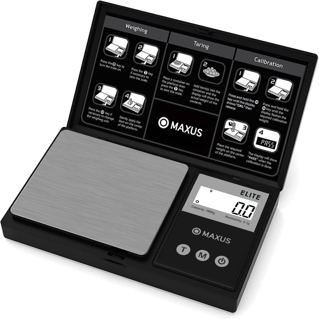 Matte black digital gram scale with gray stainless platform and bright LCD display