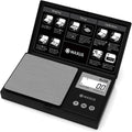Matte black digital gram scale with gray stainless platform and bright LCD display