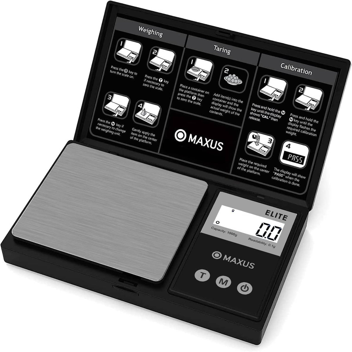 Matte black digital gram scale with gray stainless platform and bright LCD display