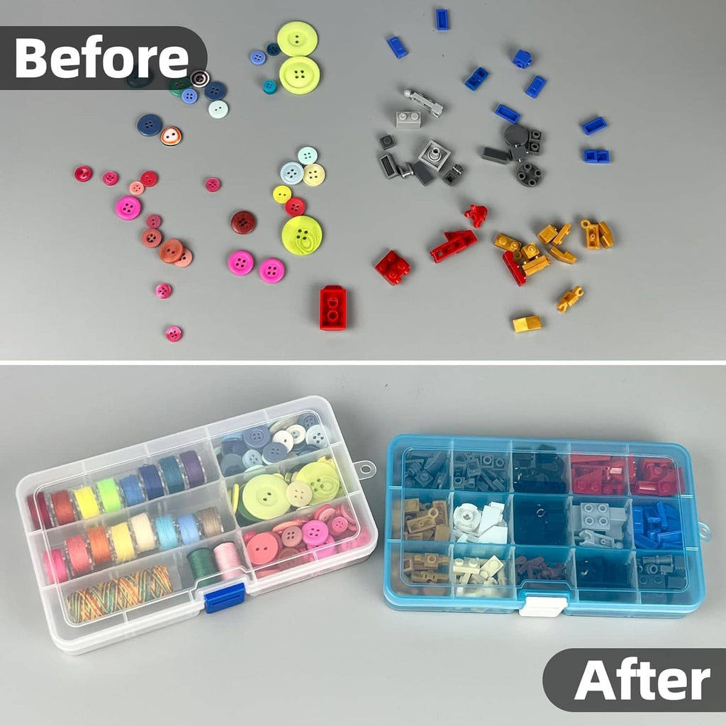 Clear plastic organizer box with blue latch holding assorted small craft parts and fasteners