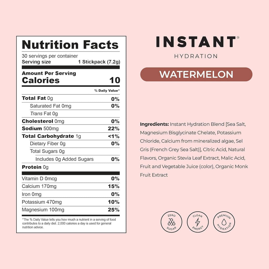 Instant Hydration watermelon electrolyte drink mix nutrition facts panel.