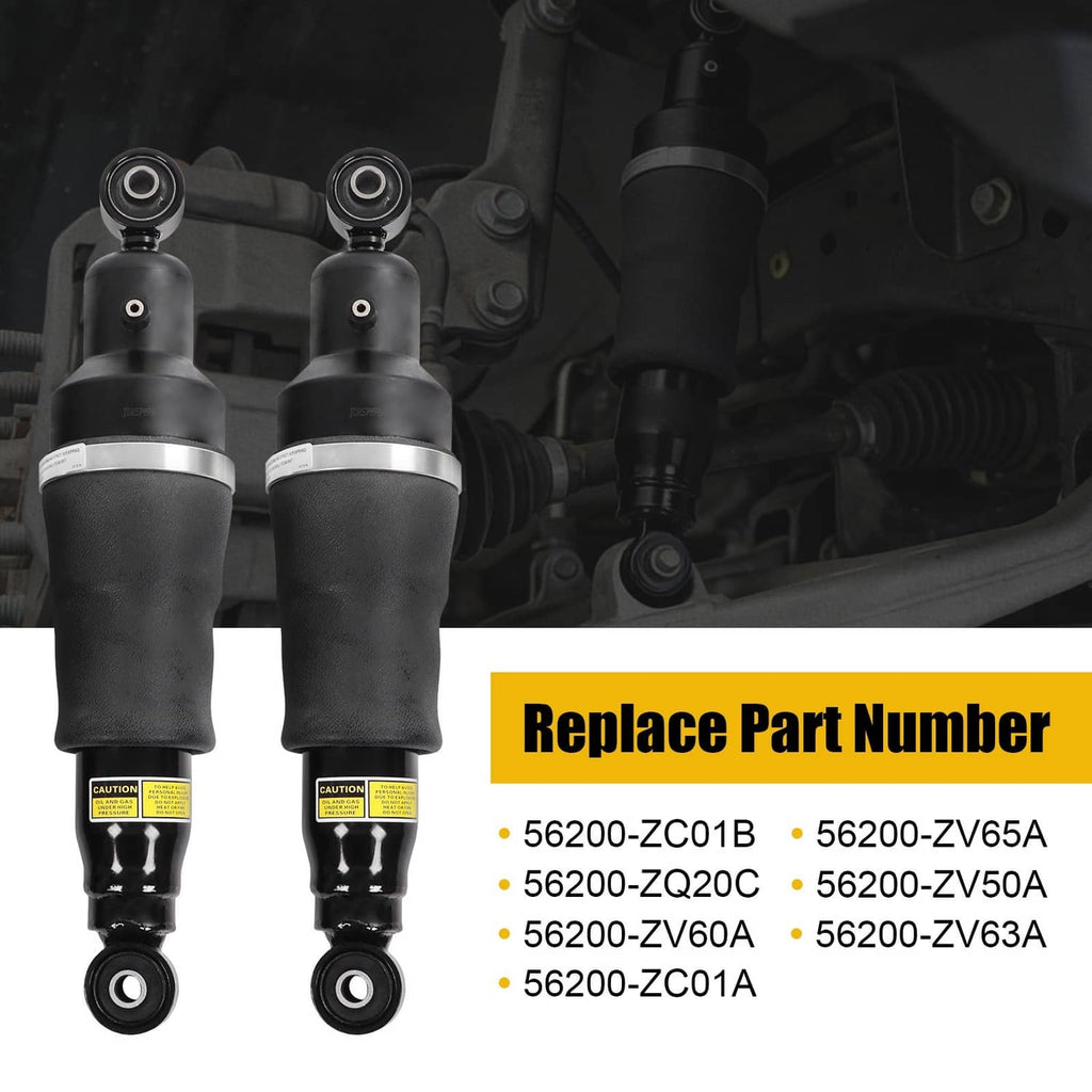 Two black rear air suspension shock struts shown installed in a vehicle suspension area