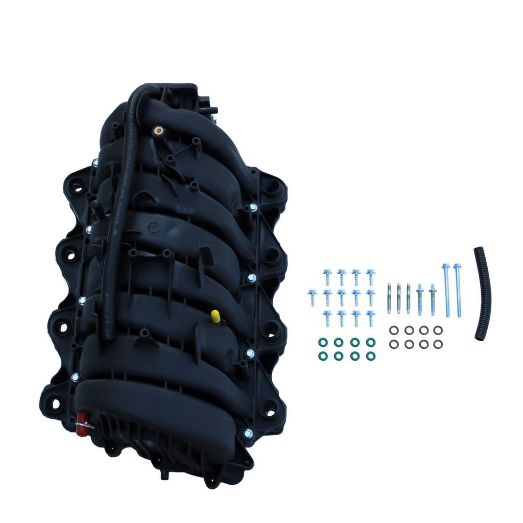 Intake manifold side view, black plastic with small colored sensor; hardware kit shown