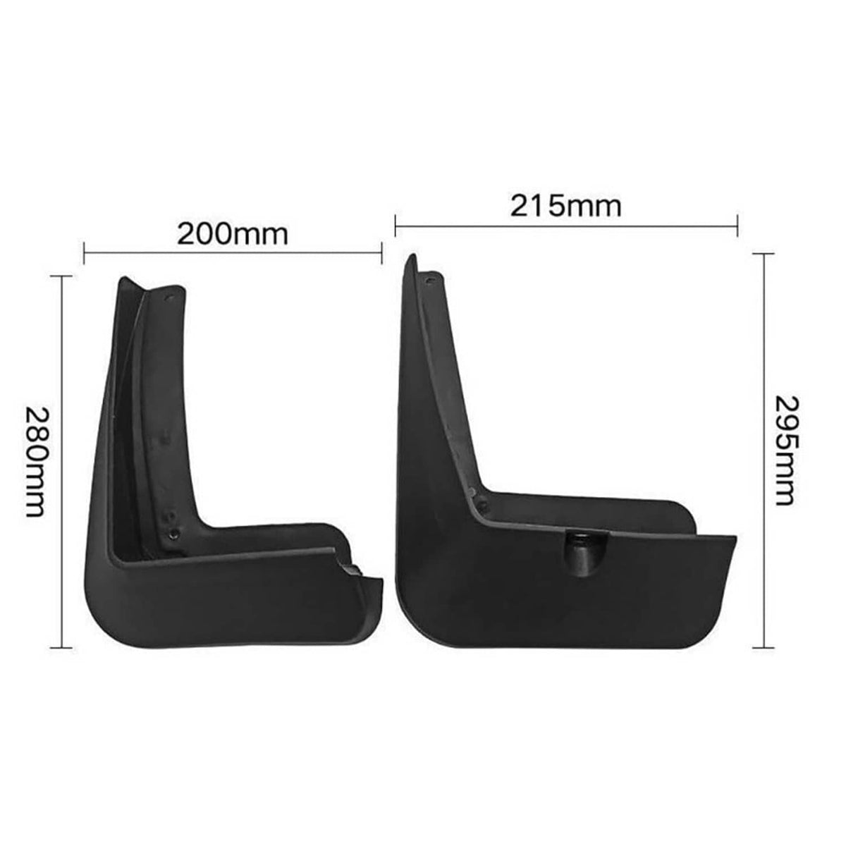Black front mud flap dimensions diagram with mounting tab and curved splash guard