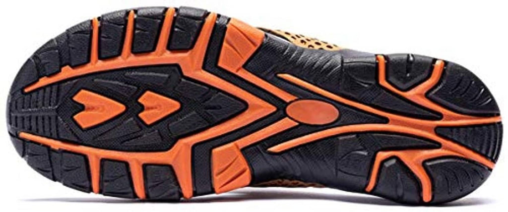 Bottom view of khaki thong flip-flop outsole with orange tread pattern