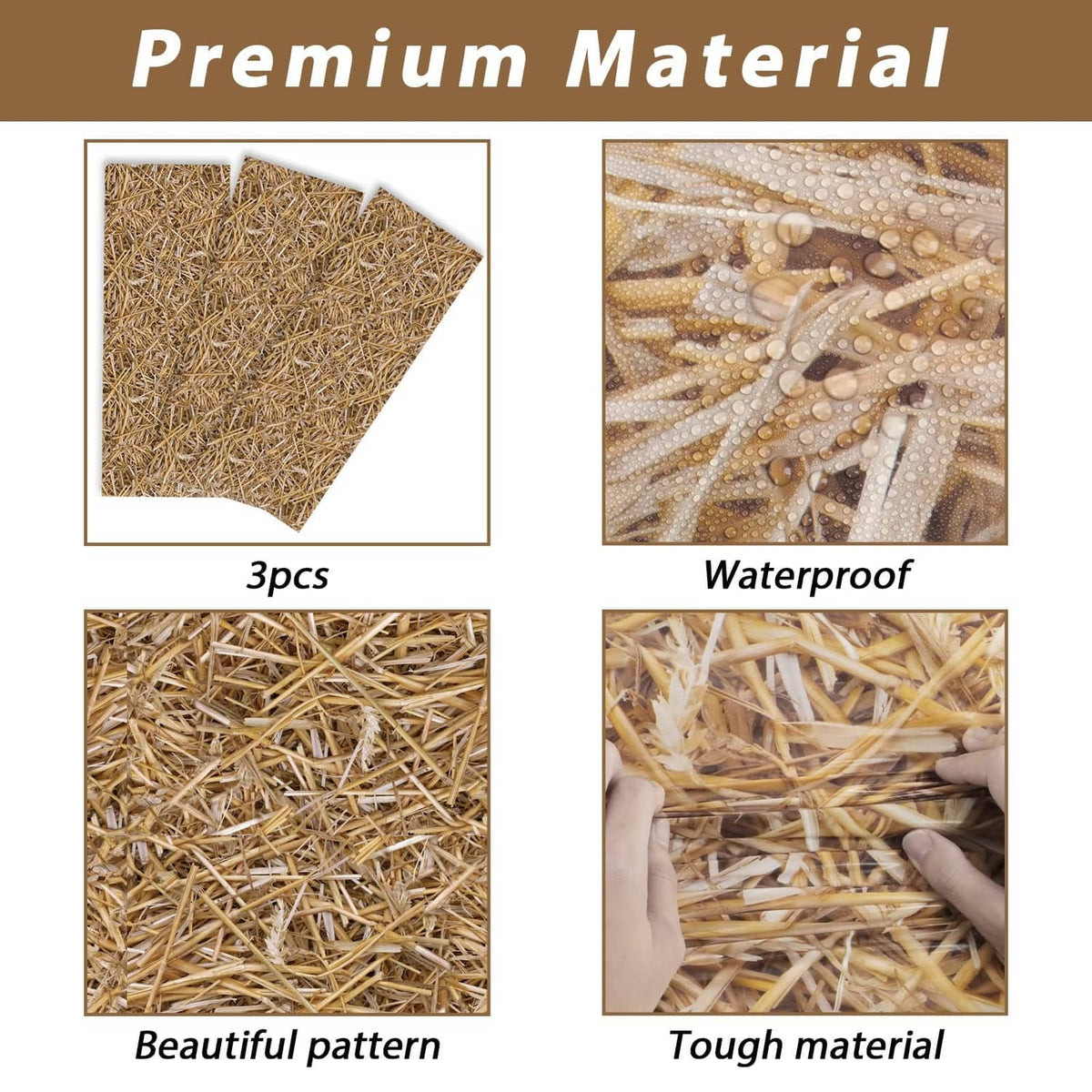 3 pcs brown straw table covers; close-up hay texture and waterproof detail shown
