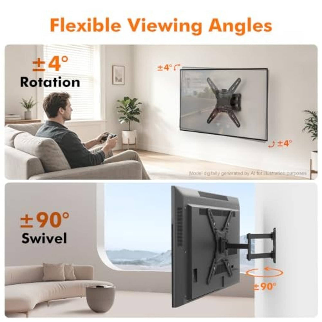 Black full-motion TV wall mount displaying multiple viewing angle positions